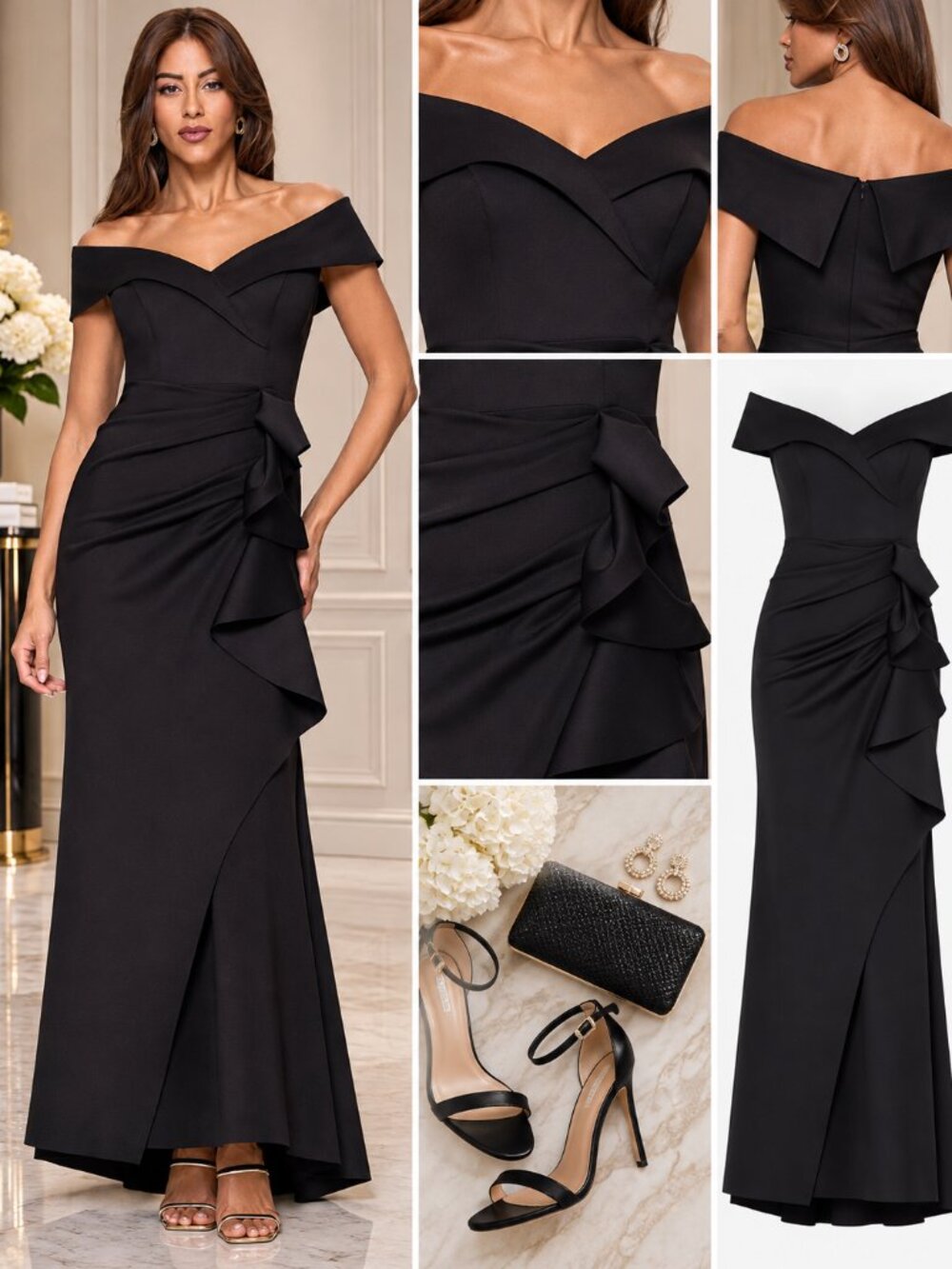 XSCAPE Black Off Shoulder Ruffle Formal Evening Gown Size 10 NWT